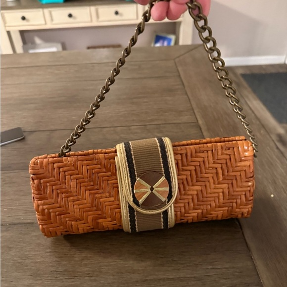 Woven Tan Clutch with Chain Strap - Picture 1 of 7